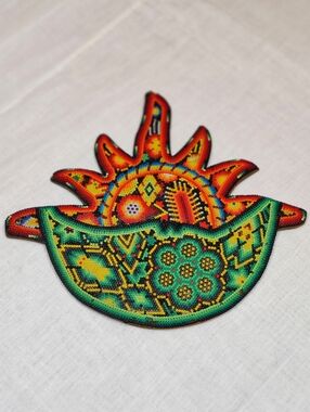 Huichol Bead Art Sun - Signed Guadalupe Lopez Bautista - 10" Mexican Folk Art